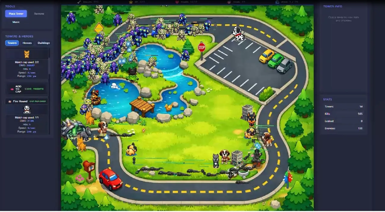 Rescue Dogs vs Aliens Tower Defense — vista do cenário